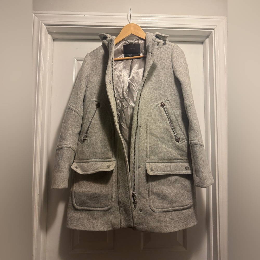 J.Crew Gray Wool-Blend Hooded Coat (Size 2)